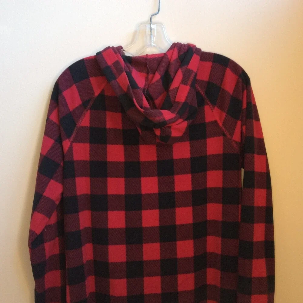 FAMILY PJS MACYS WOMENS SMALL HOODED ONE PIECE PAJAMA RED BLACK PLAID FLANNEL